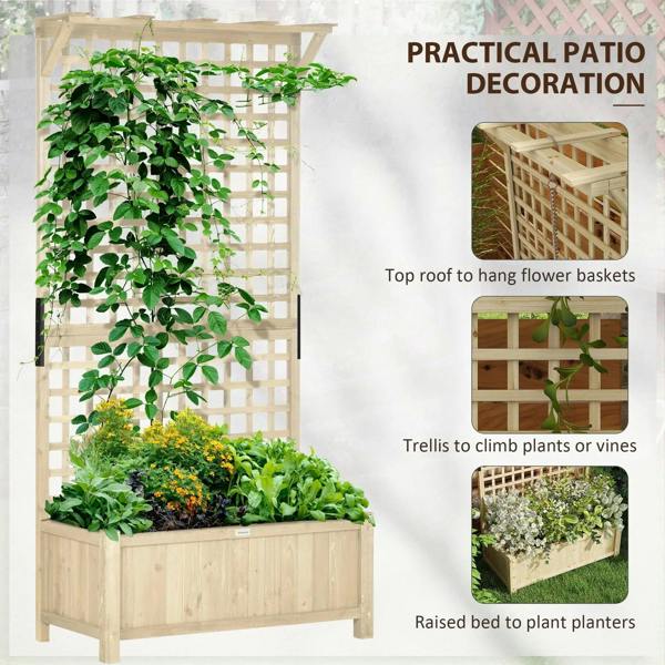 Natural wood raised planter with trellis for climbing plants and a top grid support