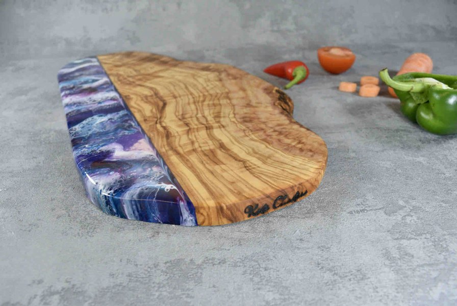 Large Purple Resin Art Olive Wood Cutting Board 40cm 