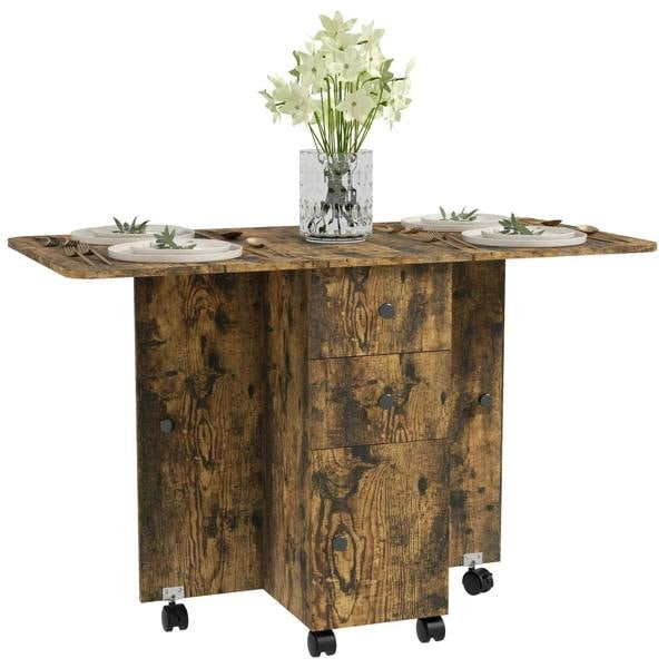 Rustic brown drop-leaf dining table with drawer storage and caster wheels, round tabletop