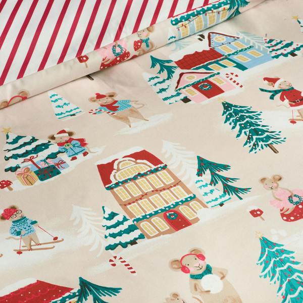 Catherine Lansfield Christmas Mouse Town Reversible Duvet Cover Set Natural