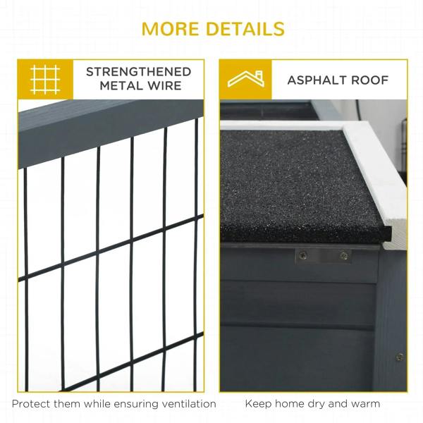 Grey rabbit run cage close-up of metal wire mesh and asphalt roof panel cover