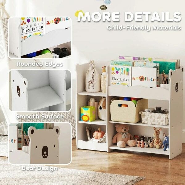 Bobobiy Kids Toy Storage Unit, Bear Design Kids Bookshelf and Toy Organiser, for Bedroom, Nursery, Playroom, White