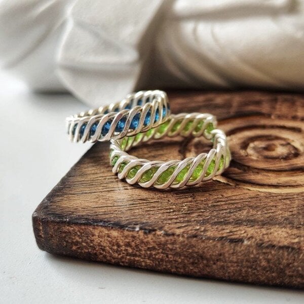 The Colourful Aura 925 Silver Green & Blue Link Chain Stacking Band Adjustable Ring