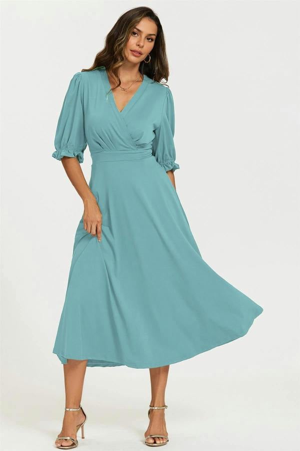 FS Collection Half Sleeves Jersey Midi Dress with Wrap Neckline In Grey Blue