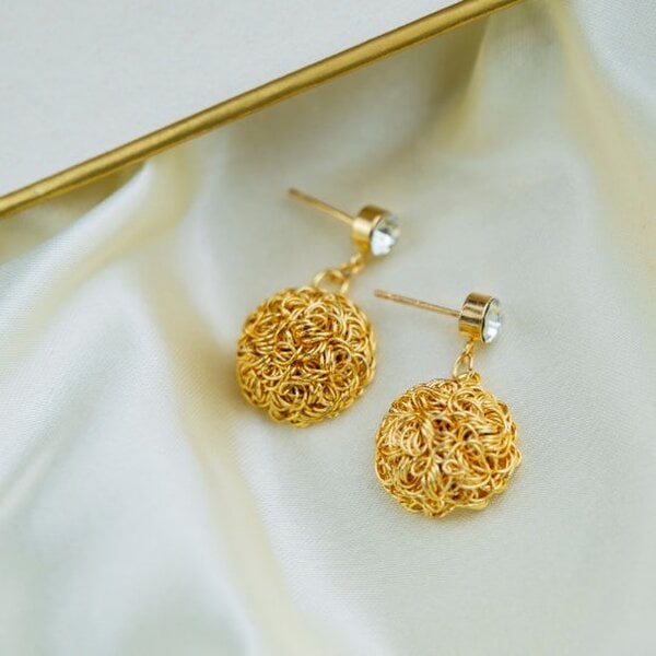 The Colourful Aura Gold Round Wire Wrapped Statement Corded Dangle Drop Handmade Earrings