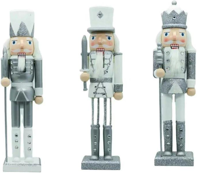 25cm Silver and White Wooden Nutcracker Soldier Set of 3 for Christmas Display image 3