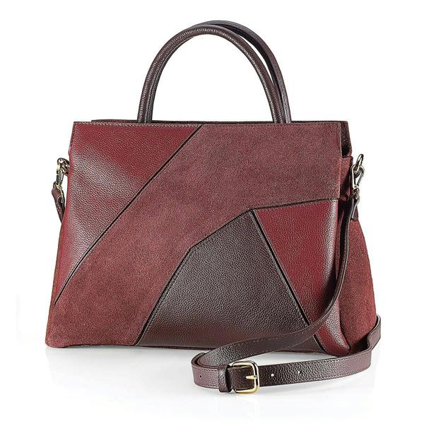 Pia Burgundy Leather Top-Handle Bag, Patchwork Design with Gold Fittings