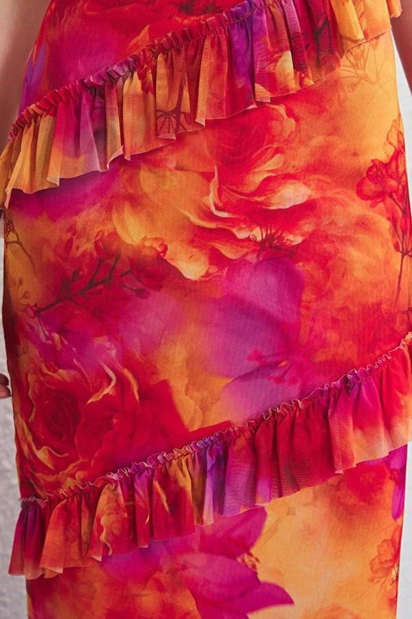 WOVCOR Tulle Lined Maxi Evening Dress with Ruffle Detail