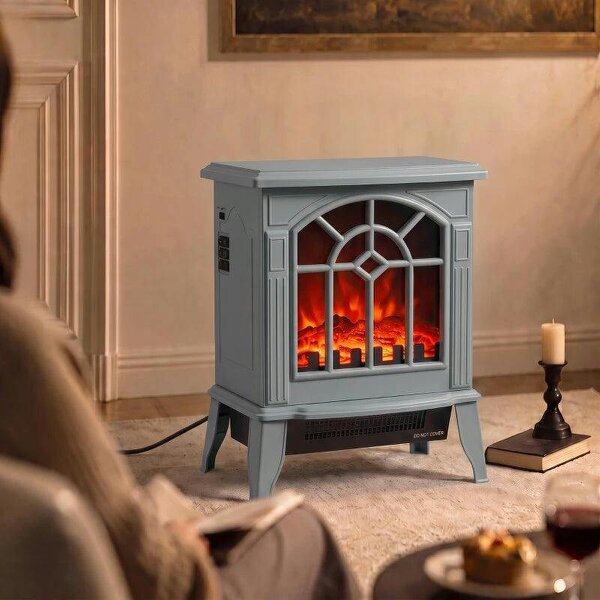 Freestanding Electric Fireplace, Electric Log Burner w/ LED Flame Effect, Overheating Safety System, 1000W/2000W, Grey