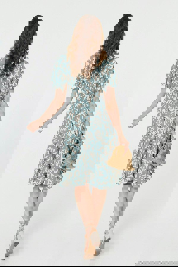 Sage | Abstract Print Shirred Knee Length Dress