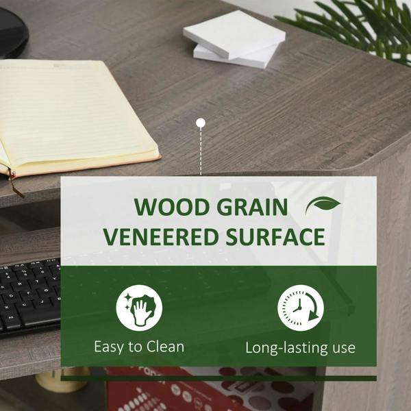 Grey wood-grain veneered desktop with keyboard and open storage space below