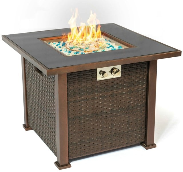 MDA Designs Ostara Stylish Bronze Wicker Garden and Patio Gas Fire Pit Multi-Purpose Glass Tabletop Outdoor Smoke-Free Heater