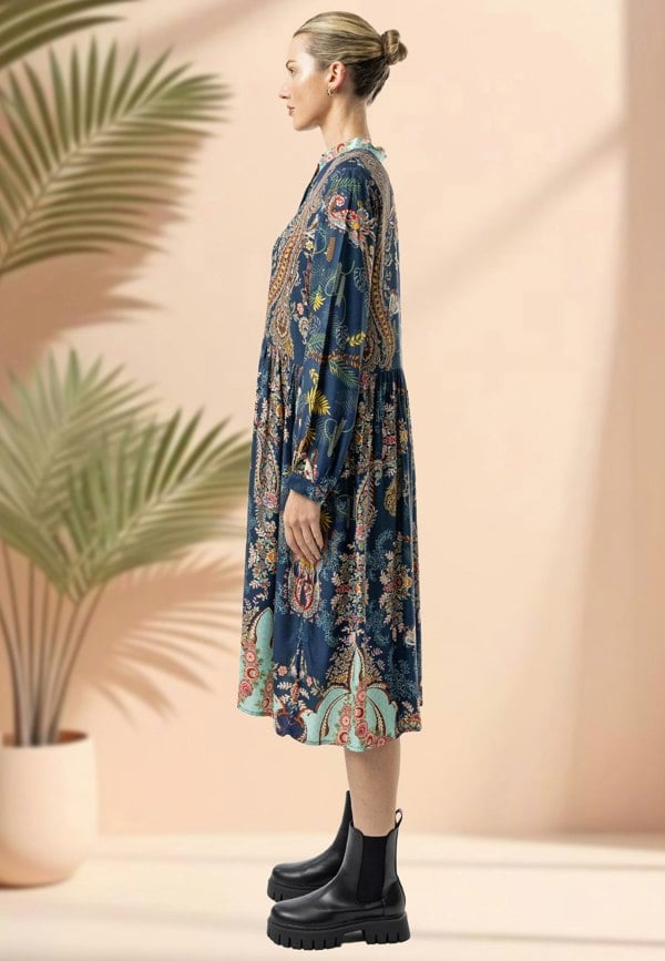 ANGELEYE Deluxe Luxurious Viscose Twill Blue Shirt Midi Dress in Premium Floral Print