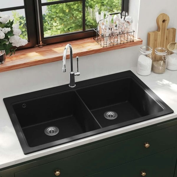 Berkfield Overmount Kitchen Sink Double Basin Granite Black