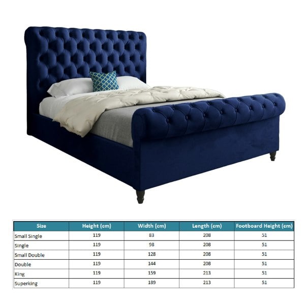 Casa Magna Sienna Sleigh Upholstered Soft Velvet Bed Frame - Blue