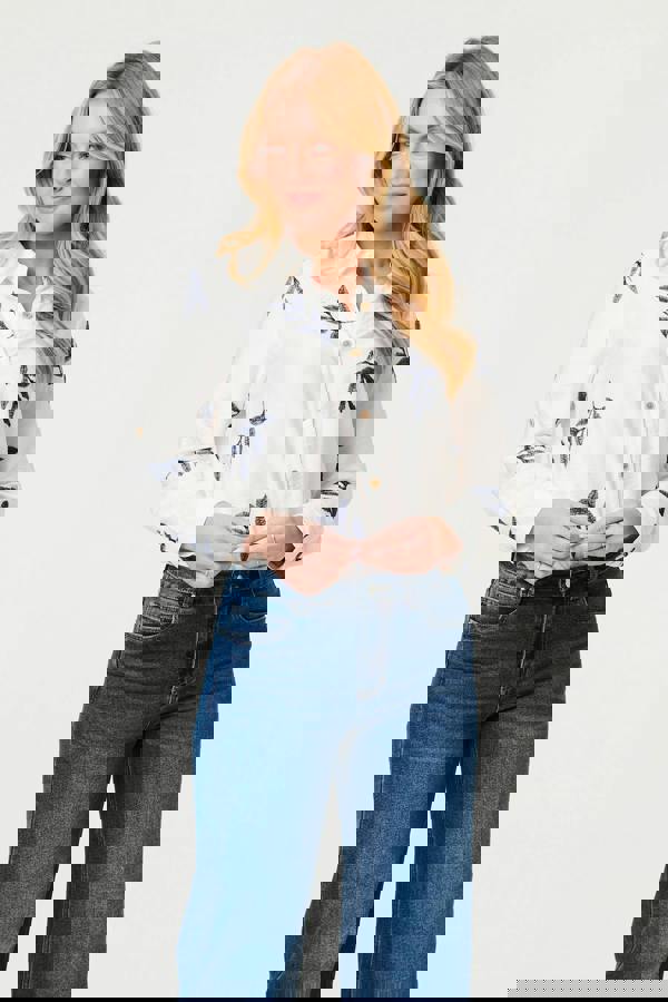 White | Leaf Embroidered 3/4 Sleeve Shirt