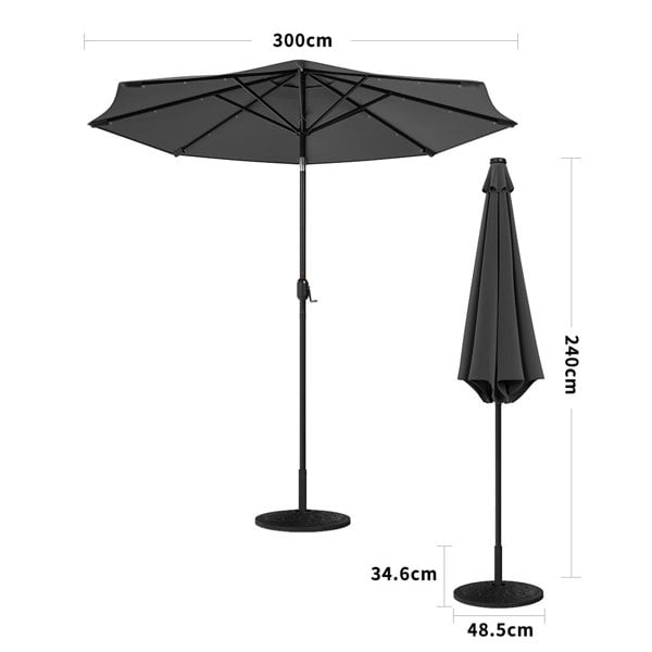 Black 3m Iron Garden Parasol Sun Umbrella With Solar LED Lights Parasols & Rain Umbrellas Living and Home Rattan Effect 14KG Resin tank base
