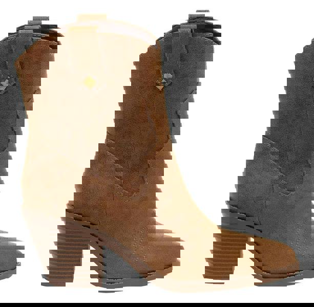 Rocket Dog Feather Womens Classic Cowboy Pull On Western Boots, brown ankle cowboy boot with a stacked heel, decorative stitching, and pull tabs for easy wearing.