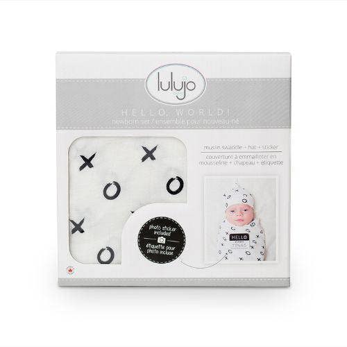 Lulujo - Hello World Bamboo Hat and Swaddle Gift Set - Hugs & Kisses