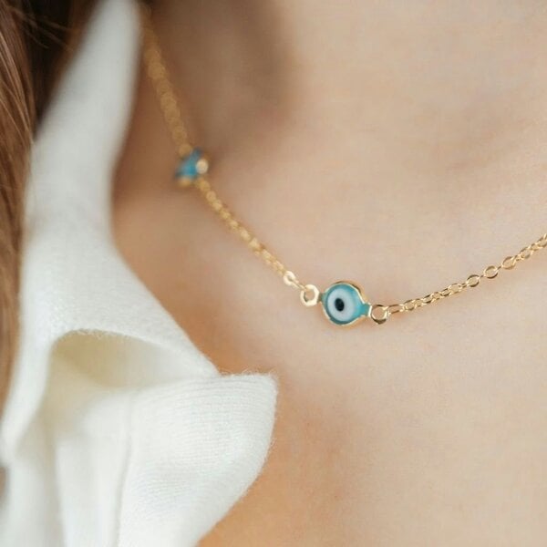 The Colourful Aura Evil Eye Gold and Silver Charm Protection Turkish Eye Blue Bead Choker Necklace