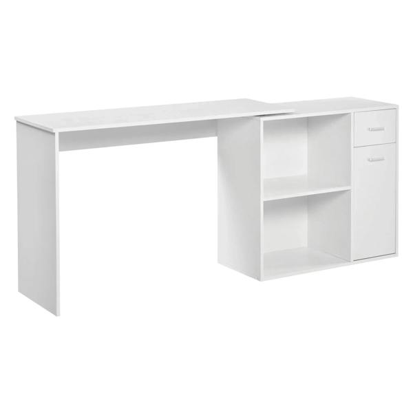 White corner computer desk with open shelves and two-door cabinet plus drawers