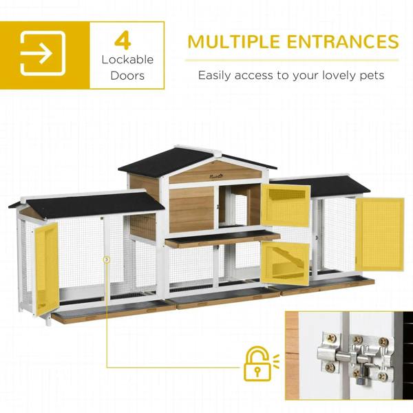 White 2-tier rabbit hutch with multiple lockable doors, mesh panels, and black roof tops