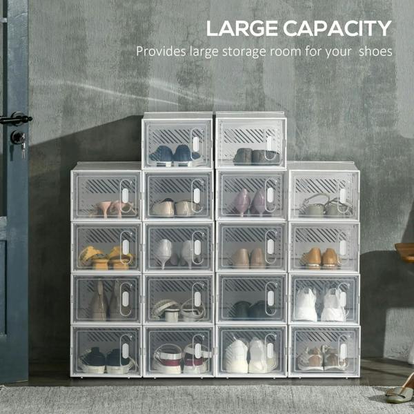 Clear stackable shoe storage boxes organizer, filled compartments with shoes