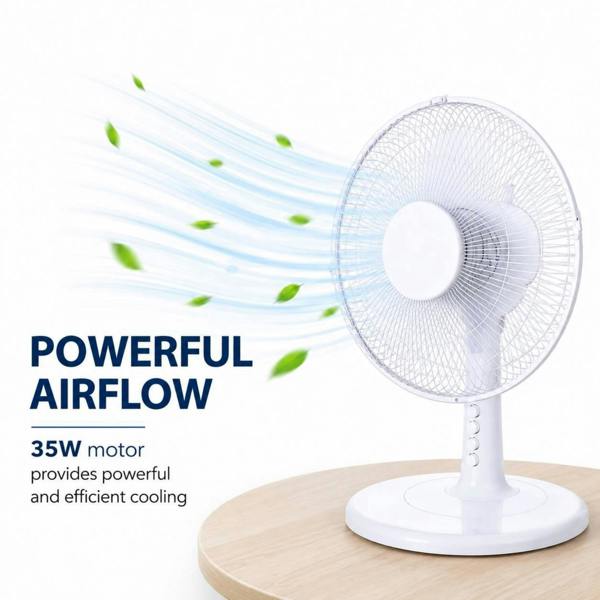 Dyzi 12 Inch 35W Table Fan 3 Speed Oscillating Adjustable Tilt White