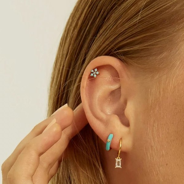 Spero London Turquoise Enamelled Jewelled Sterling Silver Hoops