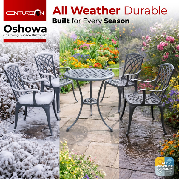 Centurion Supports OSHOWA Luxurious Garden and Patio Table and 4 Large Chairs with Armrests Cast Aluminium Bistro Set - Grey with Black Cushions