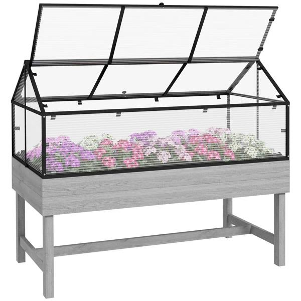 Grey raised garden bed with wooden base, mesh sides, and transparent top panels