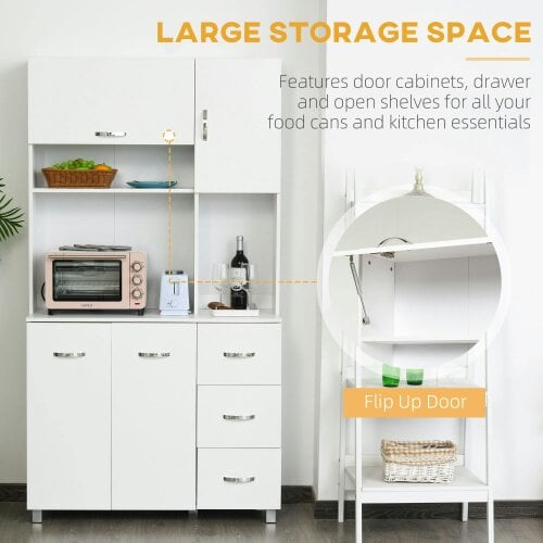 Wyld Haus Vivivi Hapa Wooden White Tall Kitchen Sideboard With Drawers Flip Door Cupboards And OFauxn Shelves