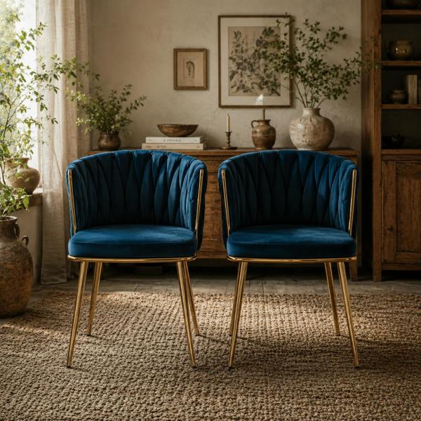 Wyld Haus Sosura Set Of 2 Dark Blue Velvet Upholstered Dining Chairs With Woven Back And Arms