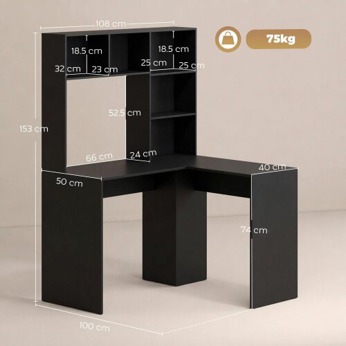 HOMCOM L Shaped Desk with 5 Storage Shelves Corner Computer Desk, Black