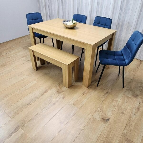 KOSY KOALA 6 Seater Modern Light Wood Dining Table Set with 4 Blue Velvet Chairs and Bench H75 x L140 x W80 cm