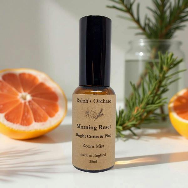 Bottle of 'Morning Reset' room mist from Ralph's Orchard with oranges and a plant in the background.