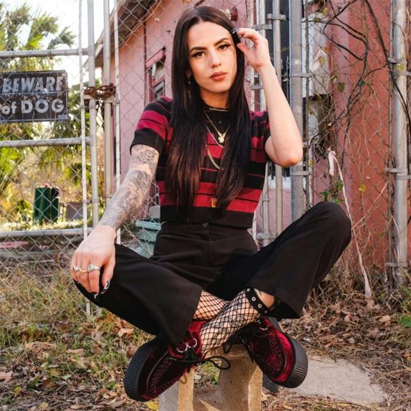 TUK Footwear TUK Viva High Creeper Burgundy Velvet Platform Lace-Up Goth Shoes - AV6802