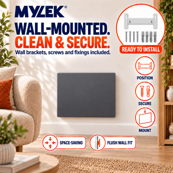 MYLEK Electric Radiator Panel Heater Grey WIFI Smart APP Eco 1000W Bathroom Safe Wall Mounted Timer Thermostat