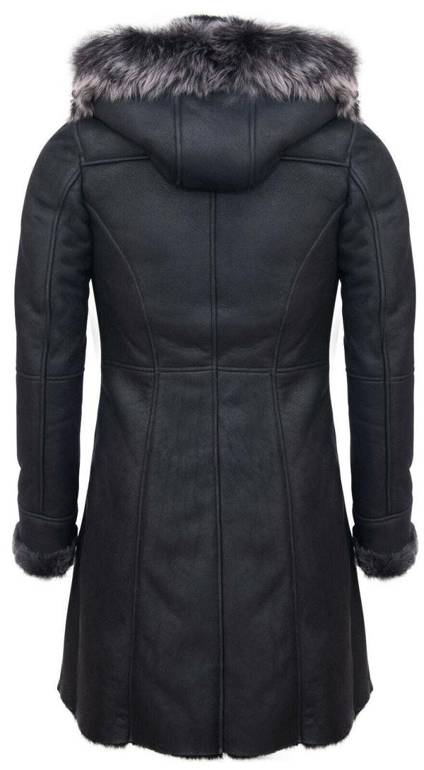 Infinity Leather Womens Black Sheepskin Hooded Duffle Coat-Ottawa