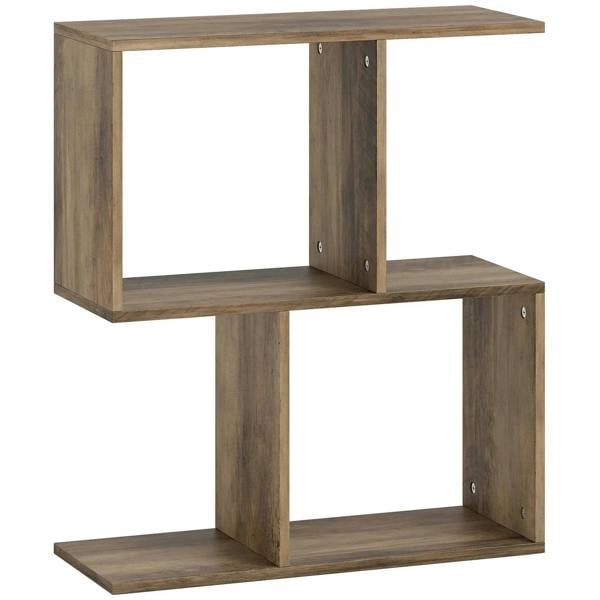 Oak S-shaped narrow side table with three open storage shelves, square openings