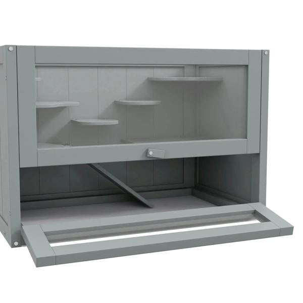 Grey wooden small animal cage hutch with front door open, interior platforms and ramp