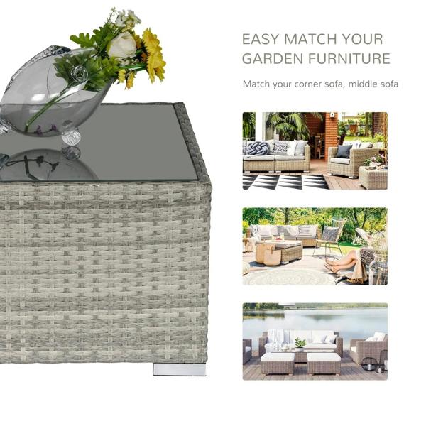 Square light grey wicker rattan coffee table with grey glass top and woven panel sides