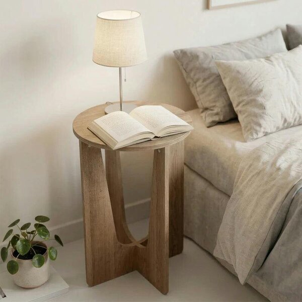 End Table Compact Round Side Table with Curved Legs in Coffee Wood Effect