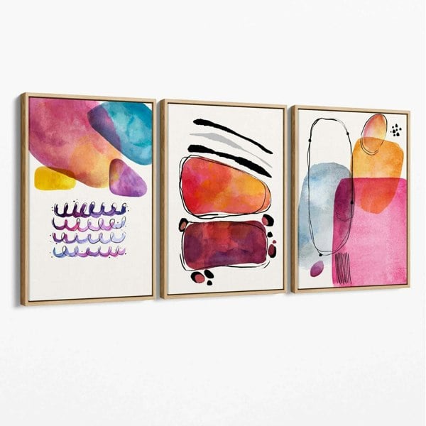 Abstract Shapes Pink Purple Set of 3 Canvas Art Prints with Oak Float Frame