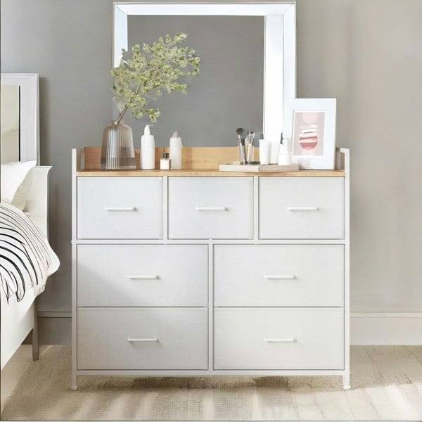 Rafaelo Mobilia Industrial Bedroom Chest With 7 Fabric Drawers White