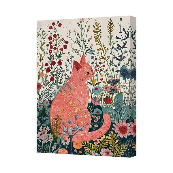Benjamin Tate Design Pink Cat In Floral Garden Canvas Art Print On Deep Wooden Frame