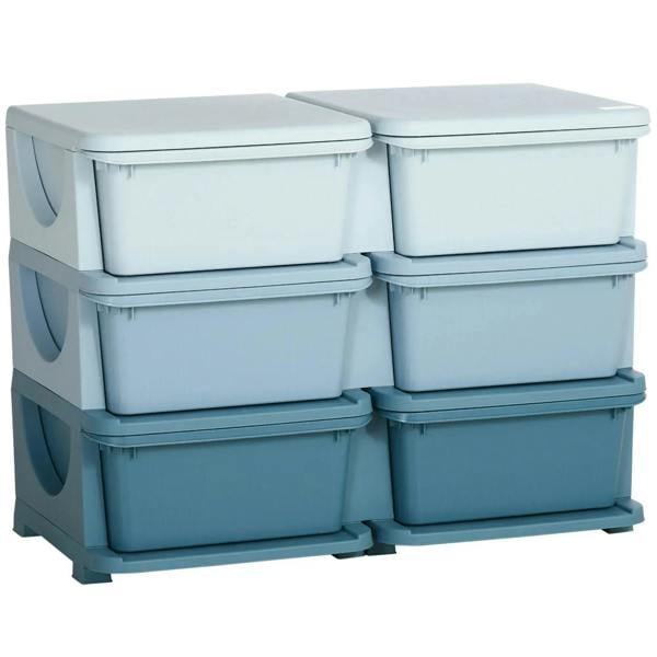 Light blue kids storage drawer unit with six open-top bins and front hand cutouts