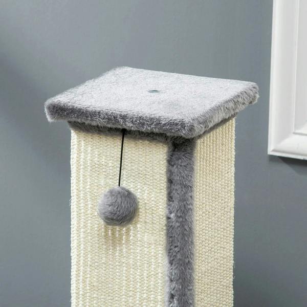 Close-up of grey vertical cat scratcher top and hanging ball on sisal-wrapped post