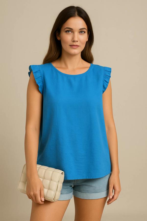 Hoxton Gal Oversized Blue Ruffle Sleeve Blouse with Round Neck