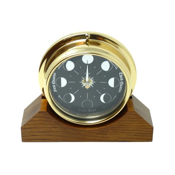 Tabic Prestige Brass Moon Phase Clock With a Jet Black Dial Mounted on Solid English Dark Oak